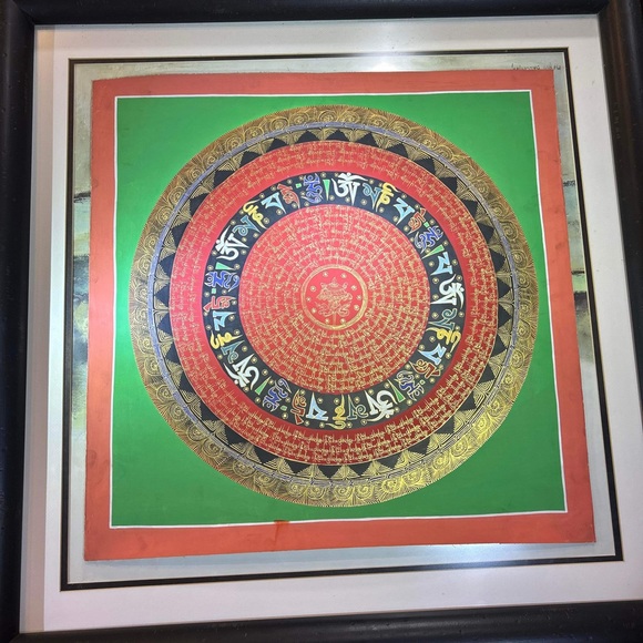 Authentic Tibetan sacred Handmade gold painted Mandala centered precious parasol